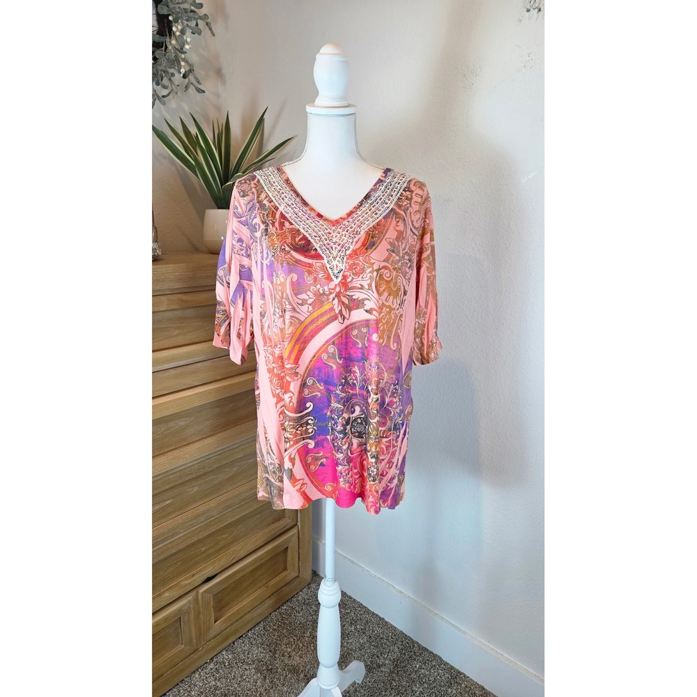 Susan Lawrence Paisley Tunic Crochet V-Neck Boho Pink Purple Plus‎ Size 1X